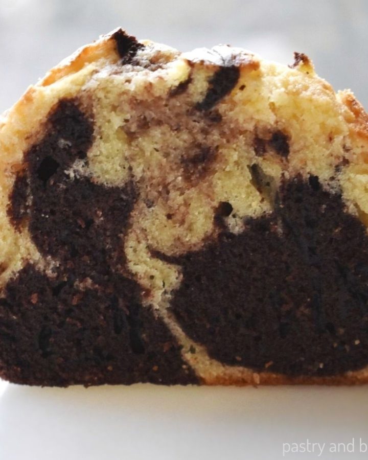 Front view of marble loaf cake.