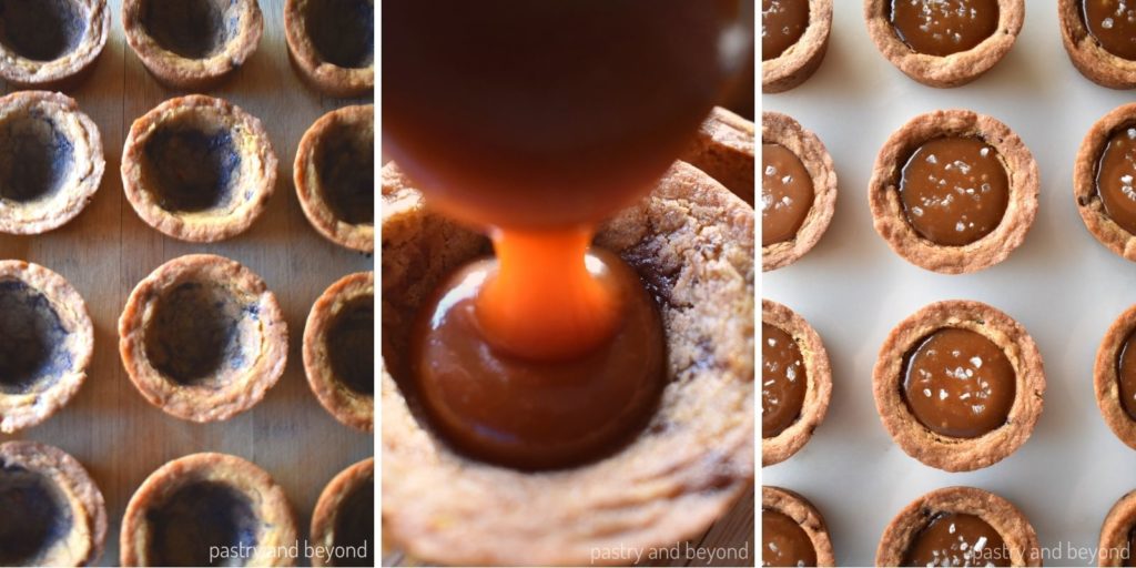 Pouring caramel sauce into the cookie cups and sea salt is added on top.