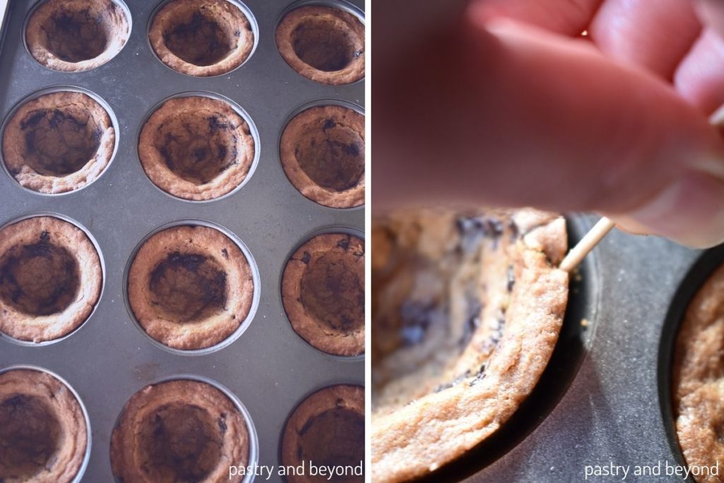 Removing the cookie cup with a toothpick from the cupcake pan.