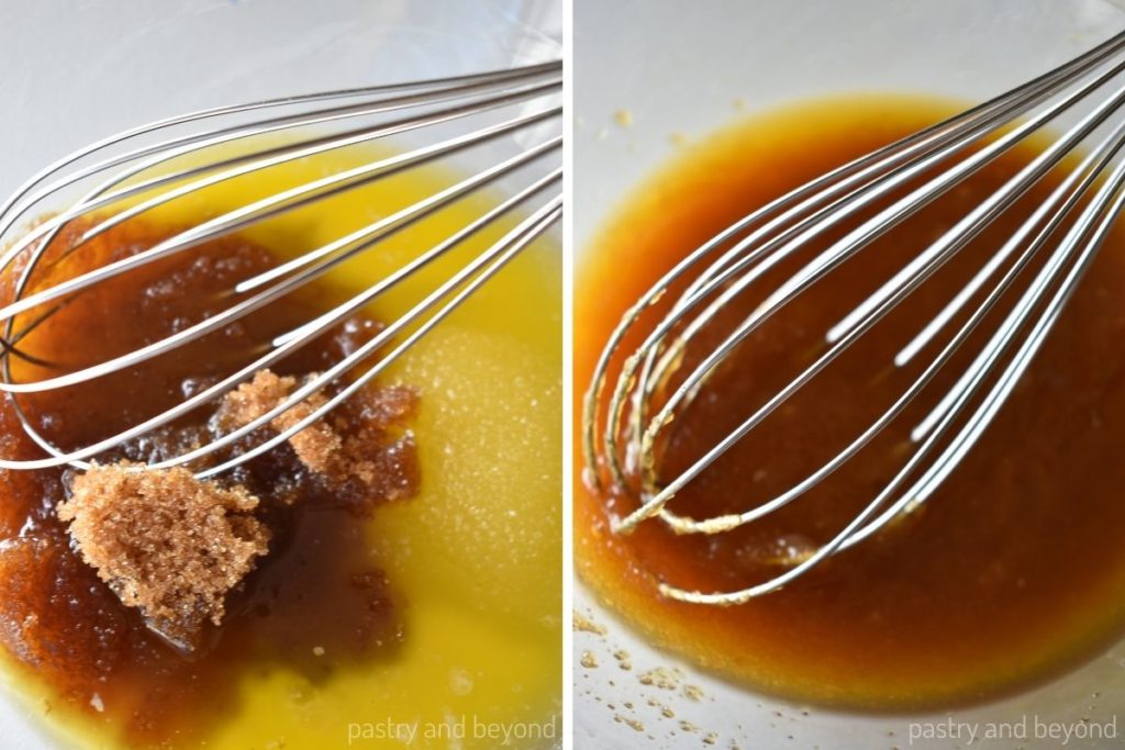 Collage of melted butter, brown sugar and granulated sugar in a  bowl before and after whisked.