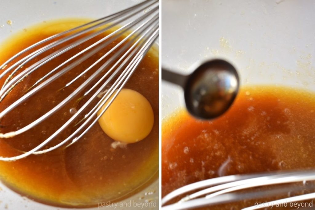 Egg and vanilla extract are added into sugar mixture.