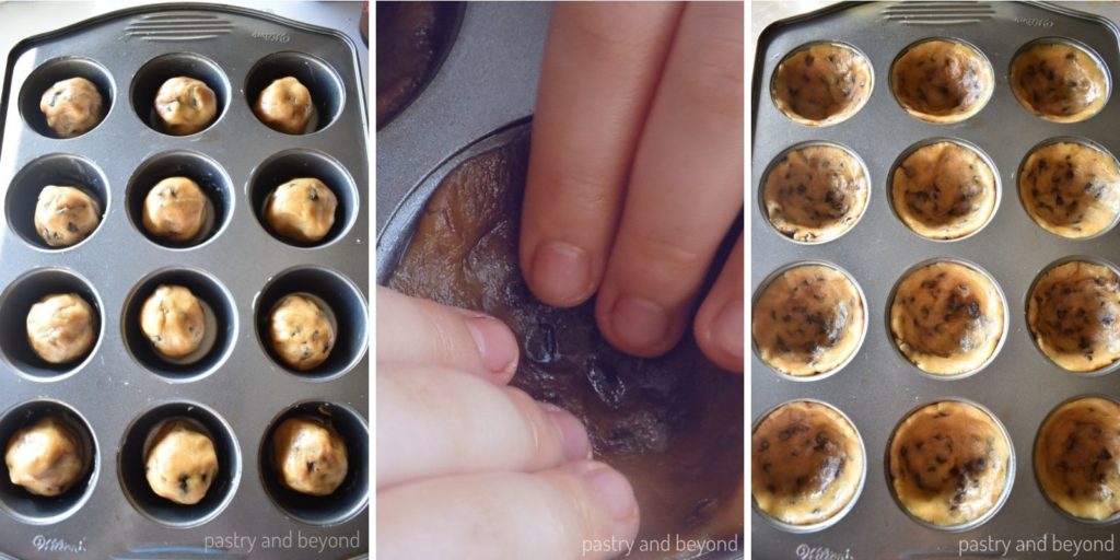 Pressing the dough balls with fingers onto bottom and sides to give a cup shape.