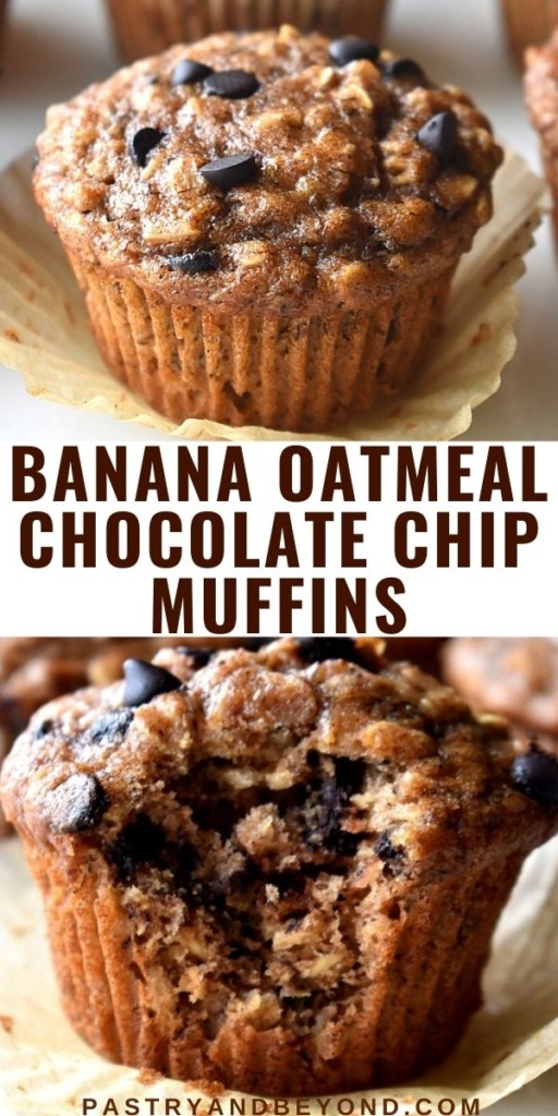 Collage of whole banana oatmeal muffin and a muffin with a bite taken from it.