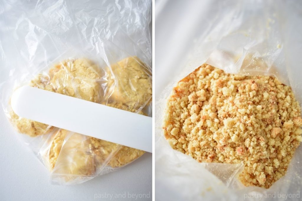 Collage of crushing the cookies with a rolling pin and crushed cookies in a freezer bag.