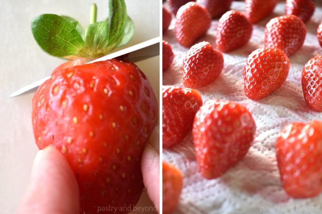 Collage of cutting the stem of a strawberry and drying the strawberries on a parchment paper.