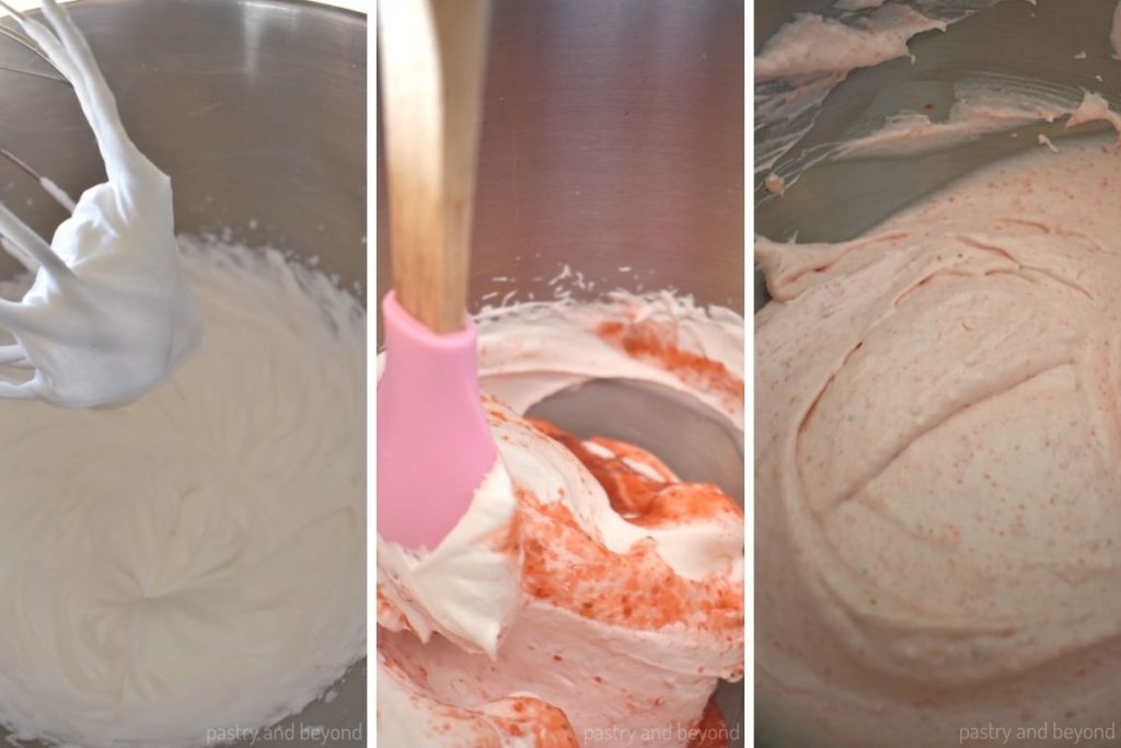 Steps of whipping heavy cream and folding strawberry puree to whipped cream.