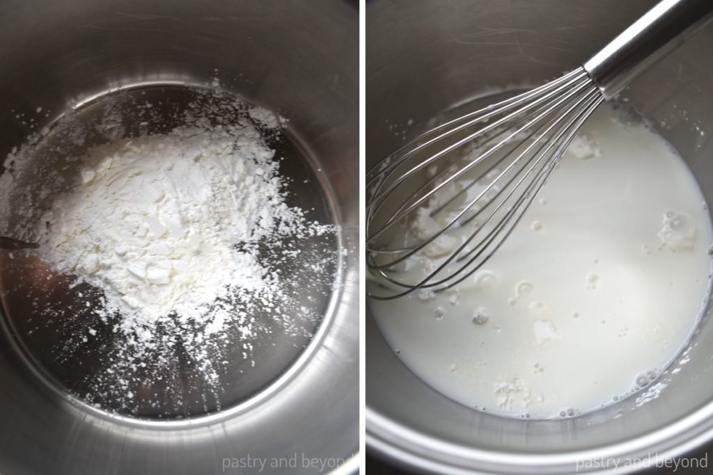 Collage of cornstarch in a pan and milk added on top with a whisk.