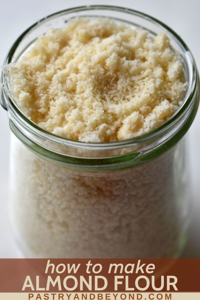 Almond flour in a jar with text overlay.