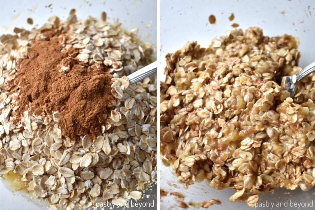 Collage for stirring mashed banana, oatmeal and cinnamon with a fork.