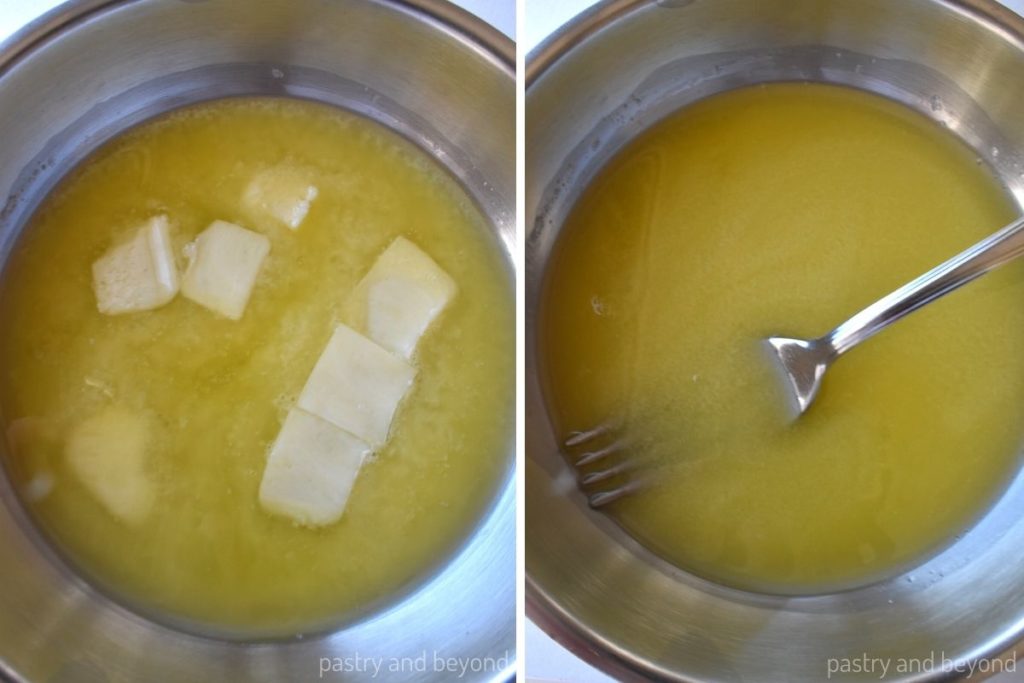 Collage showing the process of melting butter. 