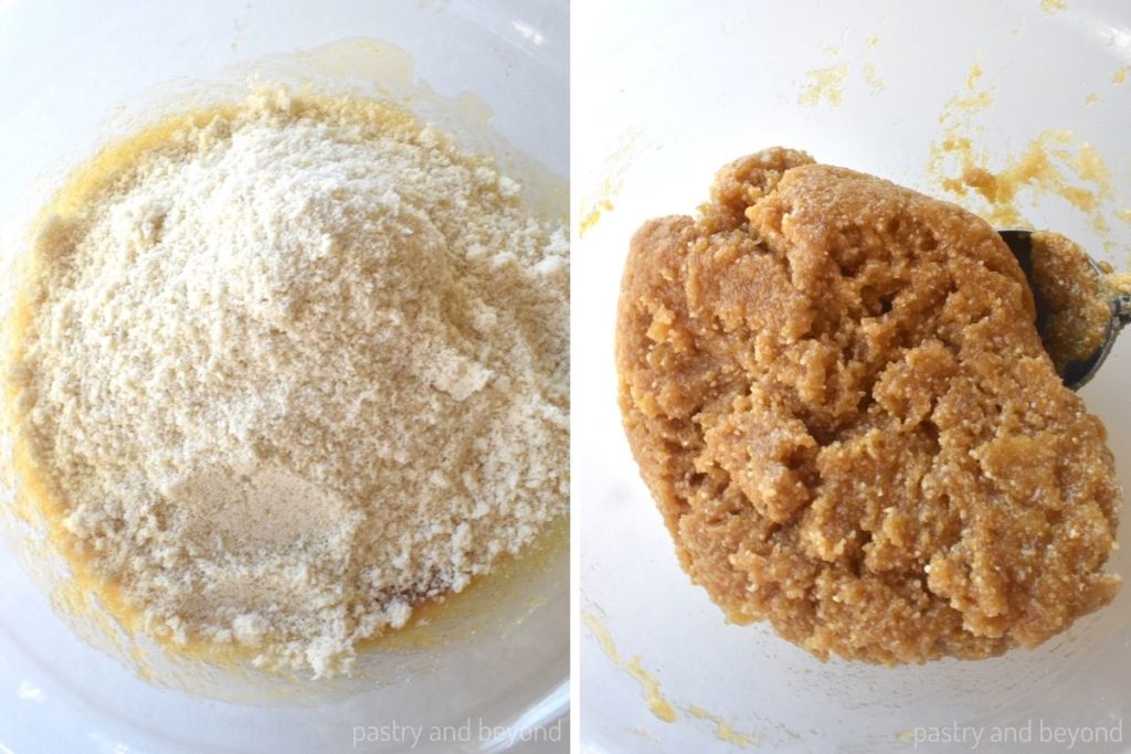 Collage of adding almond flour to the mixture and stirring with a spoon until combined.