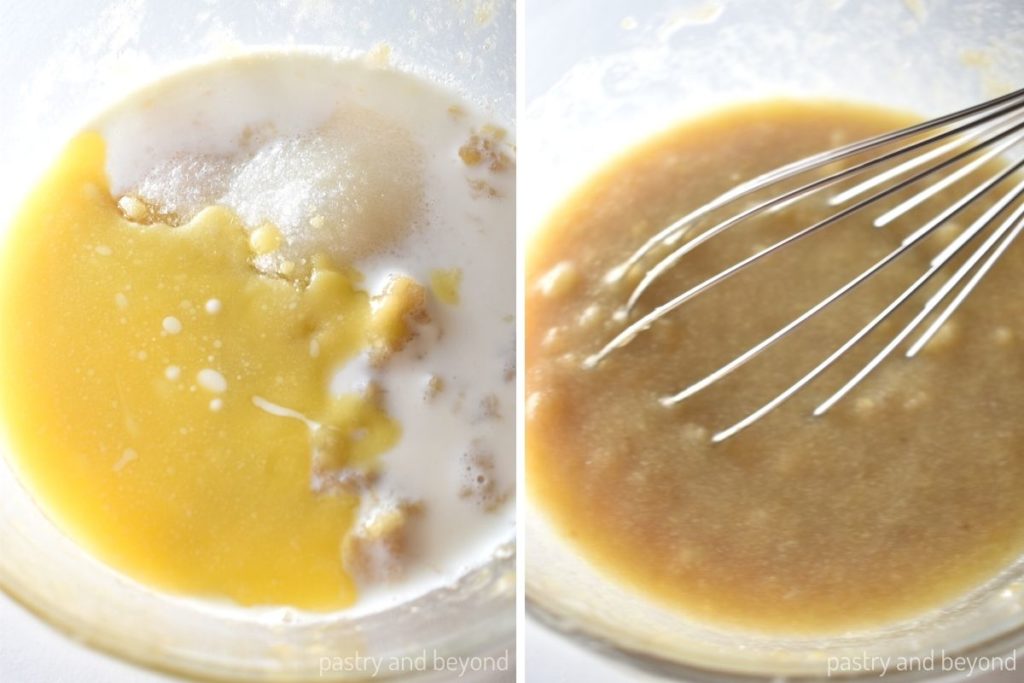 Collage for stirring melted butter, milk, sugar with mashed banana.