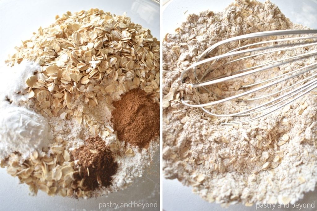Collage of mixing the dry ingredients in a bowl with a whisk.
