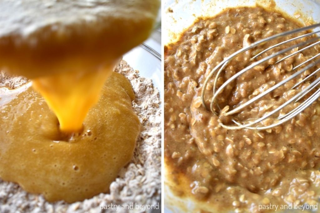Collage of adding the wet ingredients into dry ingredients and stirring with a whisk.
