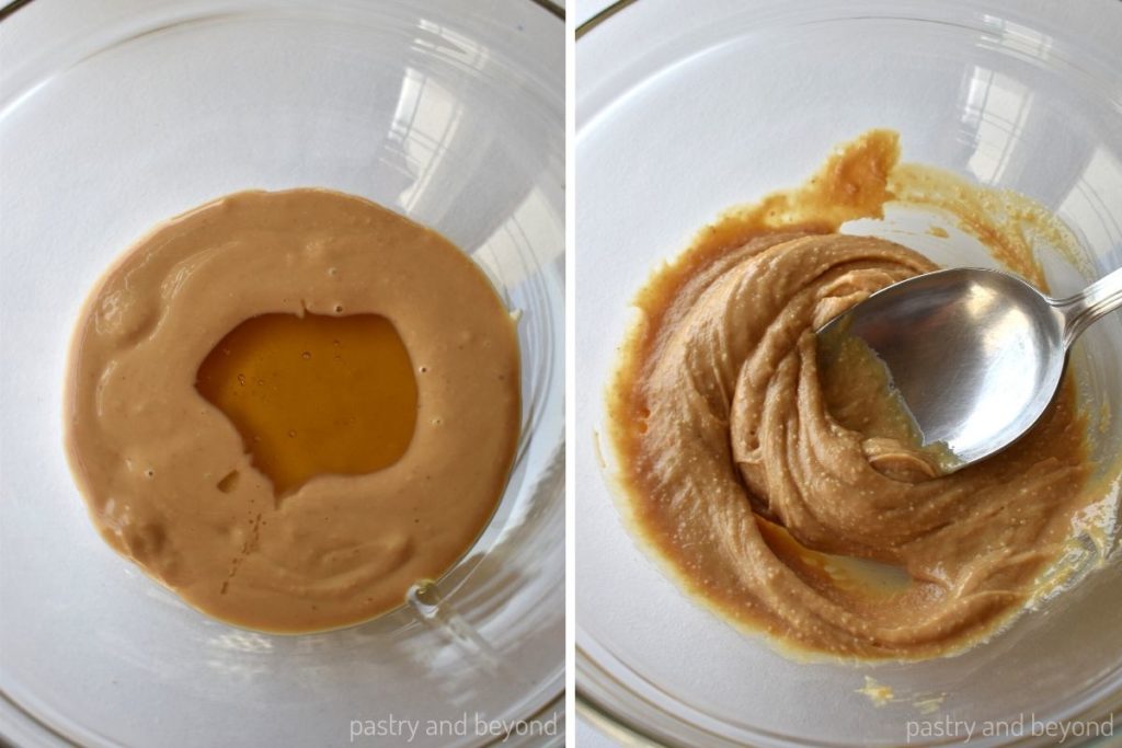Collage of mixing peanut butter and honey in a medium bowl.