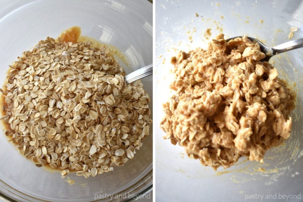 Collage of mixing peanut butter honey mixture with oatmeal in a medium bowl.