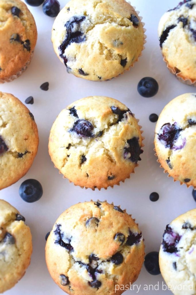 Overhead view of blueberry chocolate chip muffins.