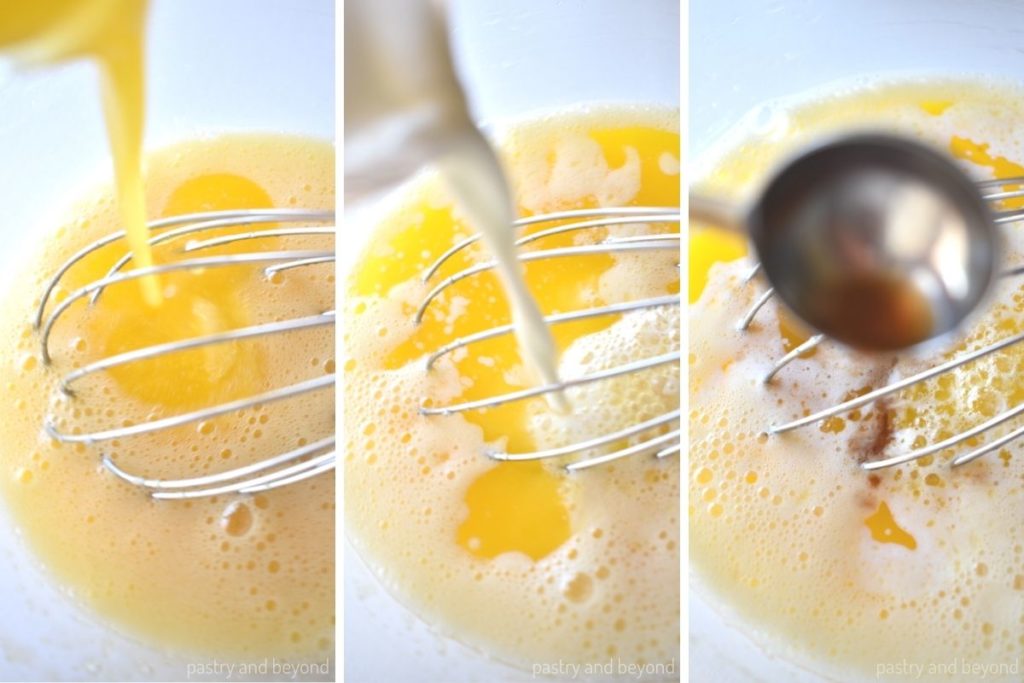 Collage for adding butter, milk and vanilla extract to the egg mixture.