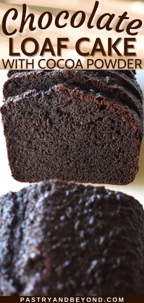 Chocolate loaf cake with slices on a white surface.