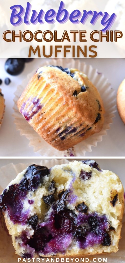Collage for blueberry chocolate chip muffins.