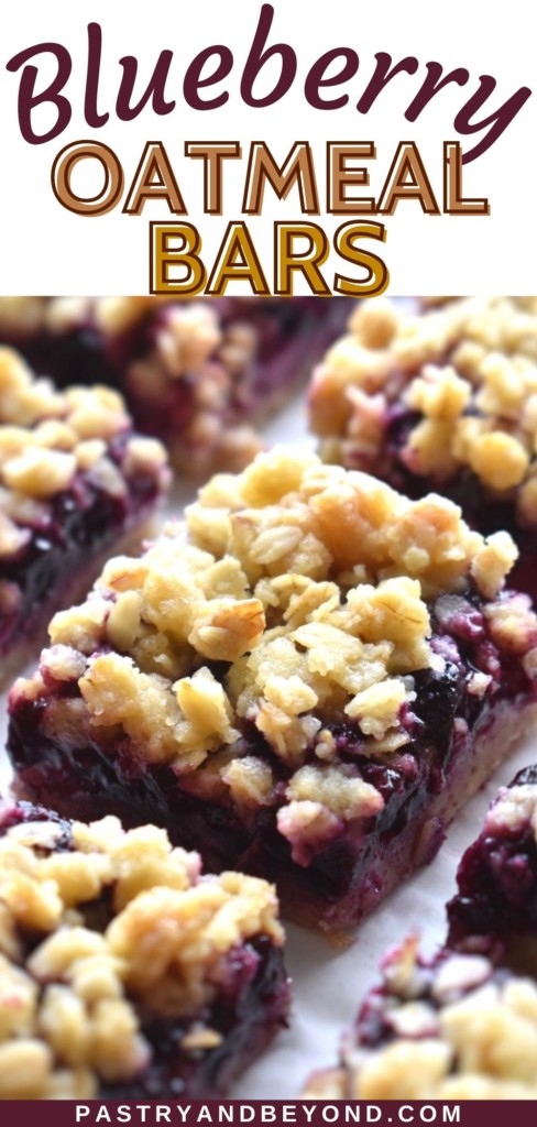 Blueberry oatmeal bars on a white surface with text overlay.