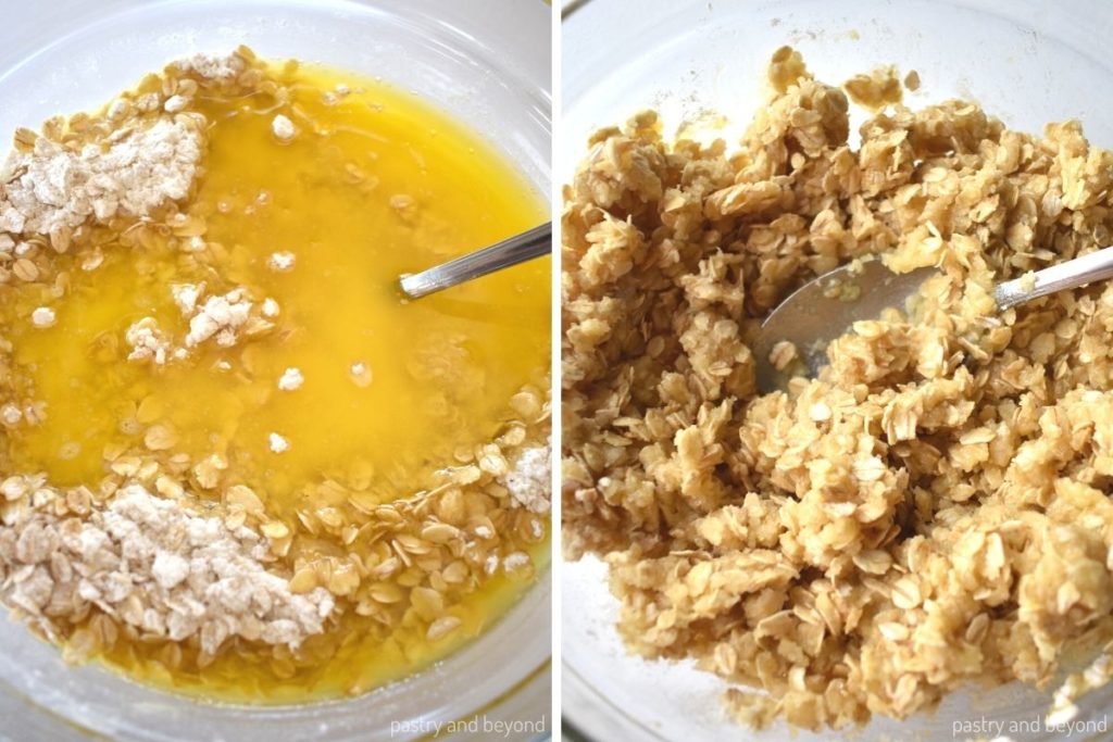 Collage of adding melted butter and mixing it with dry ingredients.