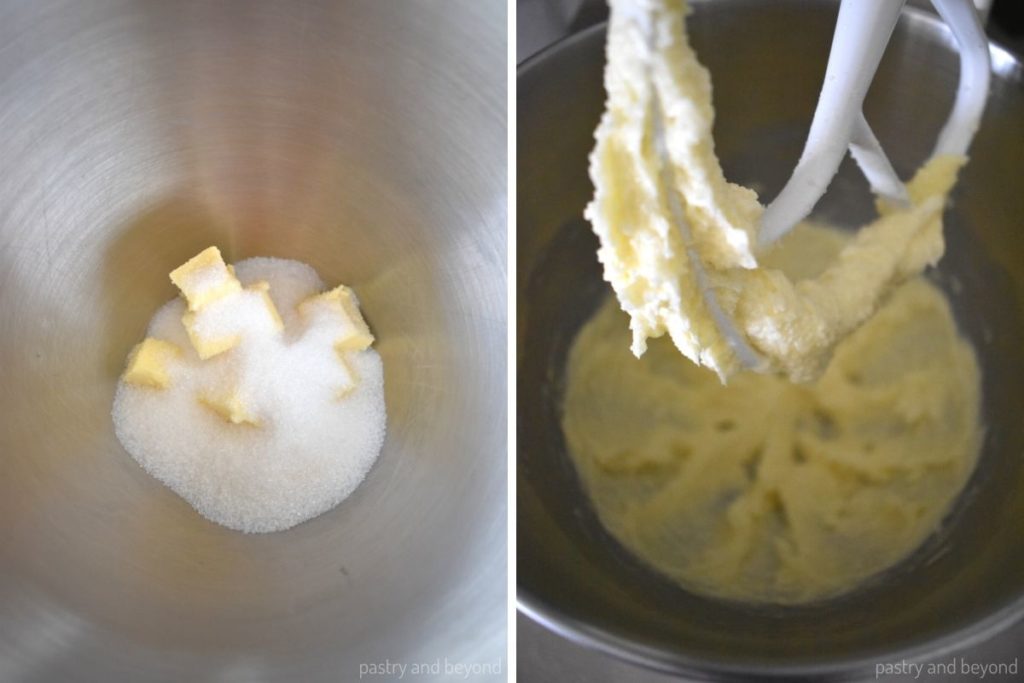 Collage for creaming butter and sugar in a bowl of stand mixer with paddle attachment.