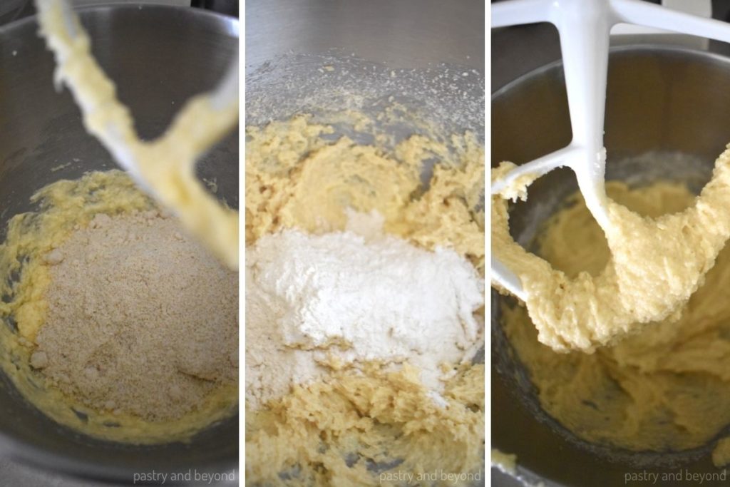 Collage for adding almond flour, flour and mixing. 