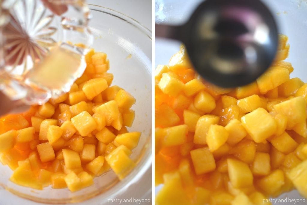 Collage for adding lemon juice and almond extract into cubed peaches.