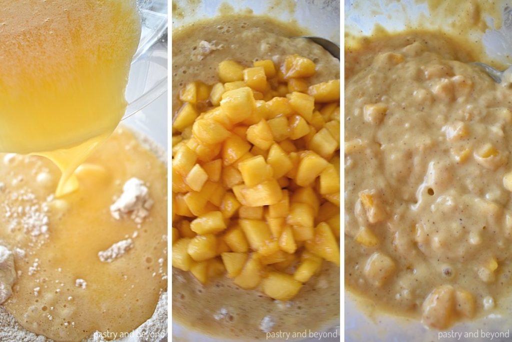 Collage for adding wet ingredients into dry ingredients and adding chopped peaches and mixing.