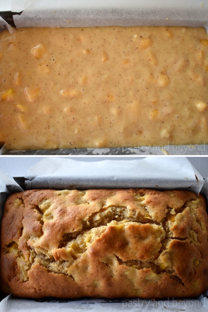 Collage for unbaked and baked peach bread.