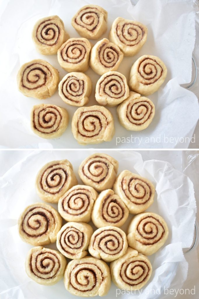 Collage for cinnamon rolls before and after rising.