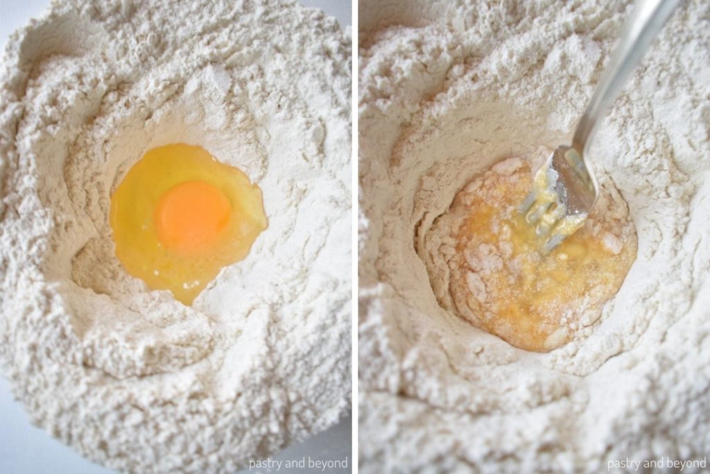 Collage for adding and mixing the egg into dry ingredients.