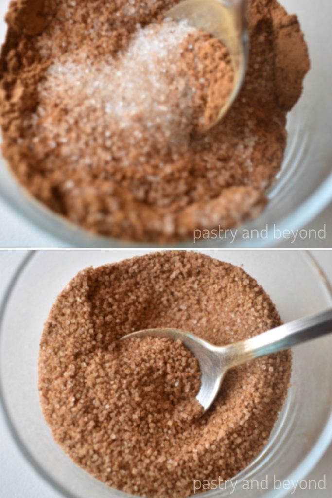 Collage of making cinnamon sugar.