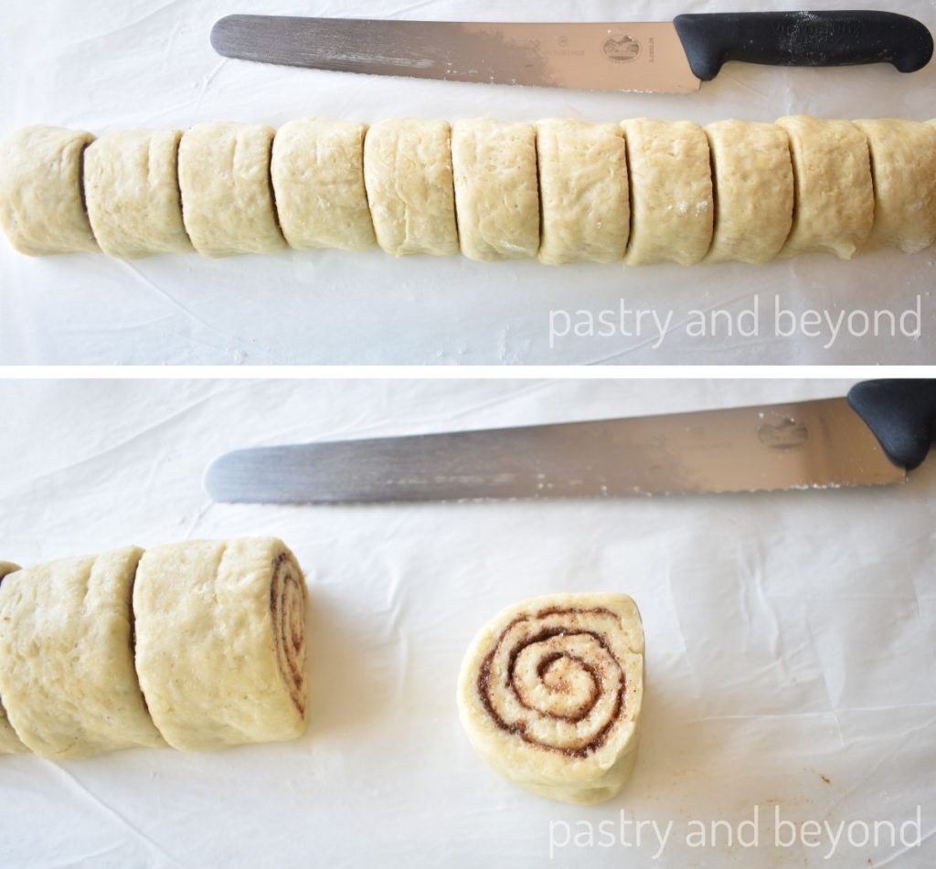 Collage for sliced cinnamon roll dough.