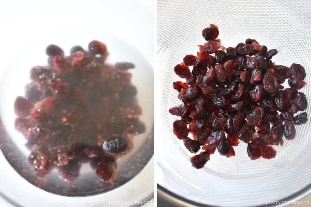 Collage of soaking cranberries and draining them.