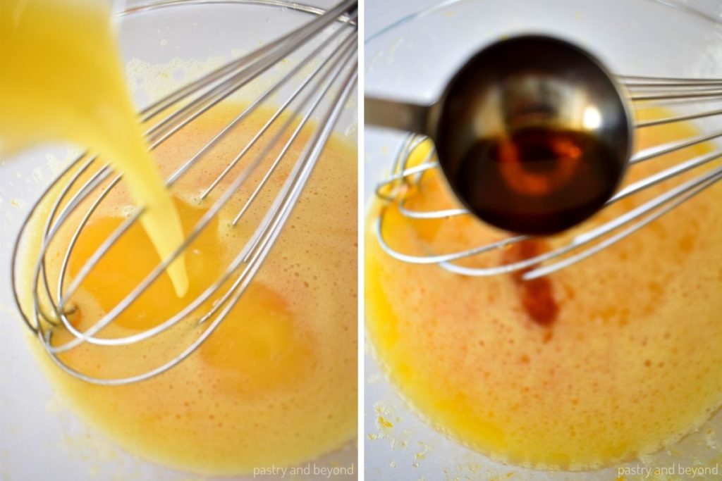 Collage of adding melted butter and vanilla extract to the egg mixture.