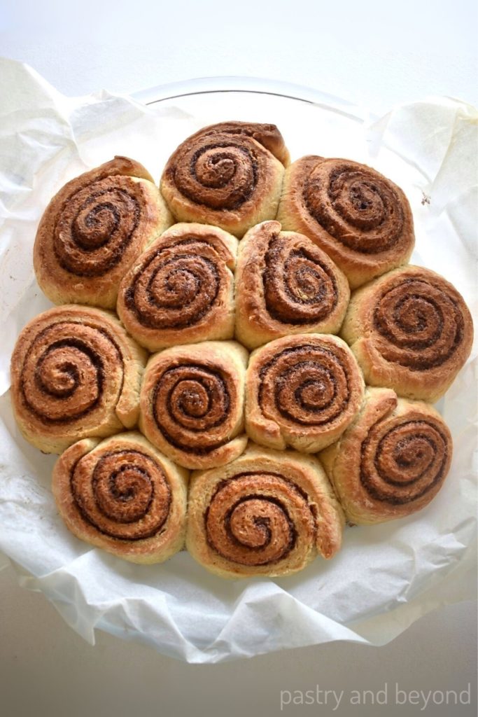 Cinnamon rolls in a dish without icing.
