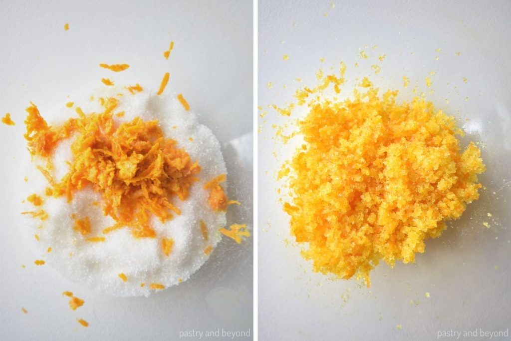 Side by side photos showing orange zest and sugar in a bowl before and after mixing.