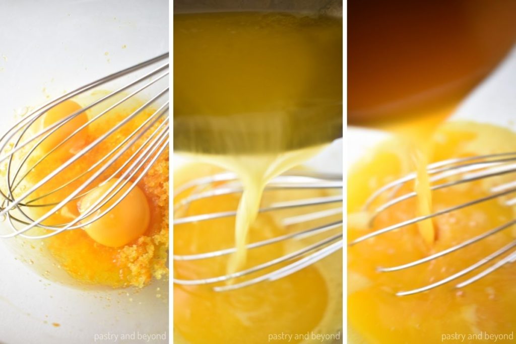 Collage showing the process of mixing eggs and sugar, then adding in butter and orange juice.