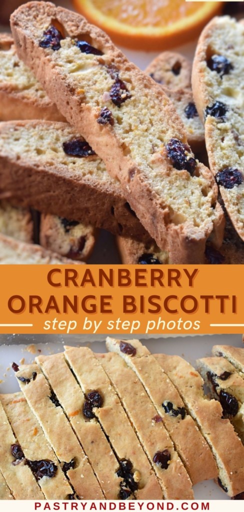 Collage for cranberry orange biscotti with text overlay.