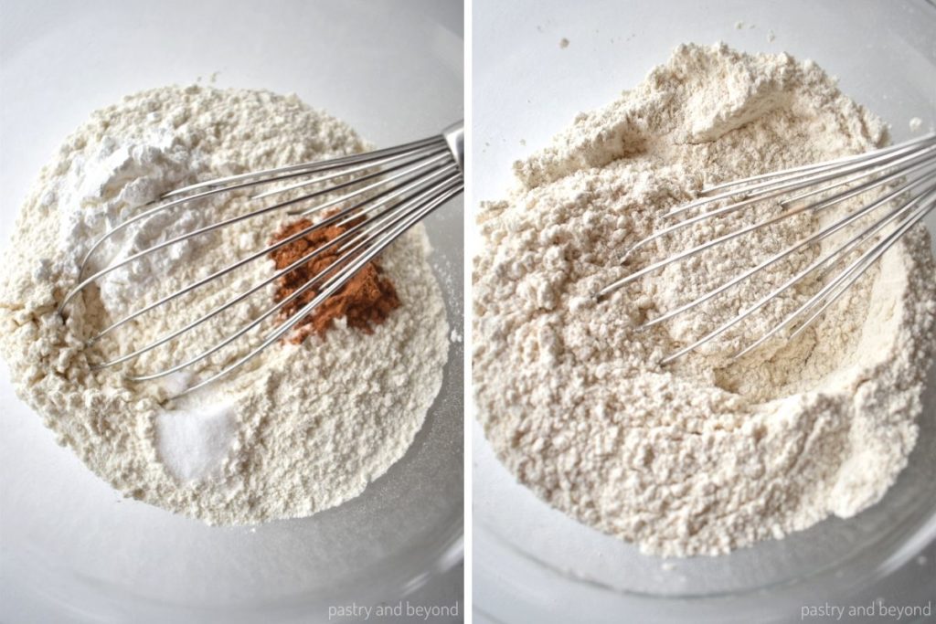 Collage of stirring flour, baking powder, cinnamon and salt with a whisk.