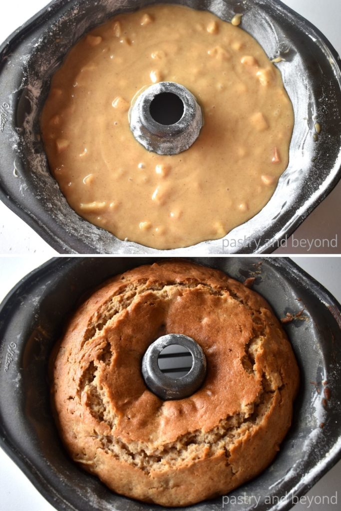 Collage of caramel apple bundt cake before and after baked in a bundt pan.