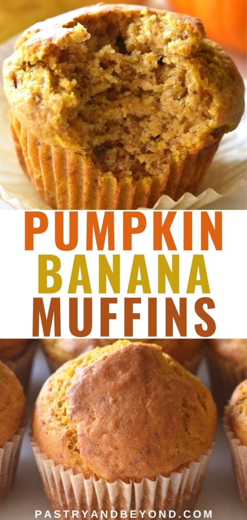 Collage for pumpkin banana muffins with text overlay.