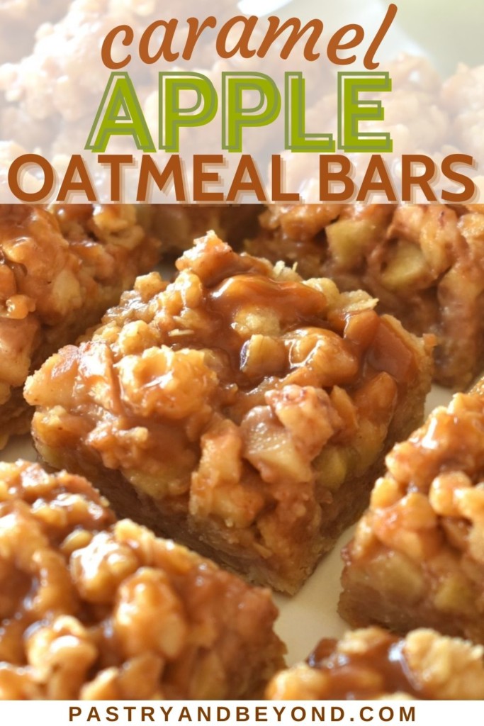 Caramel apple oatmeal bars with text overlay.