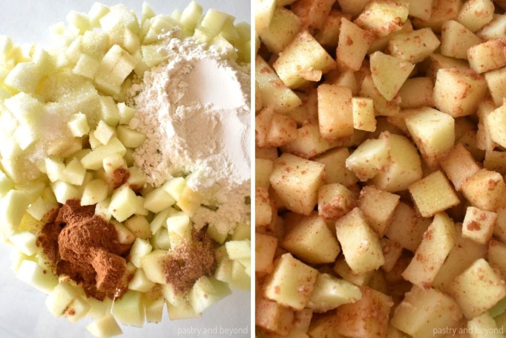 Collage of mixing apple pieces, spices, flour and sugar.