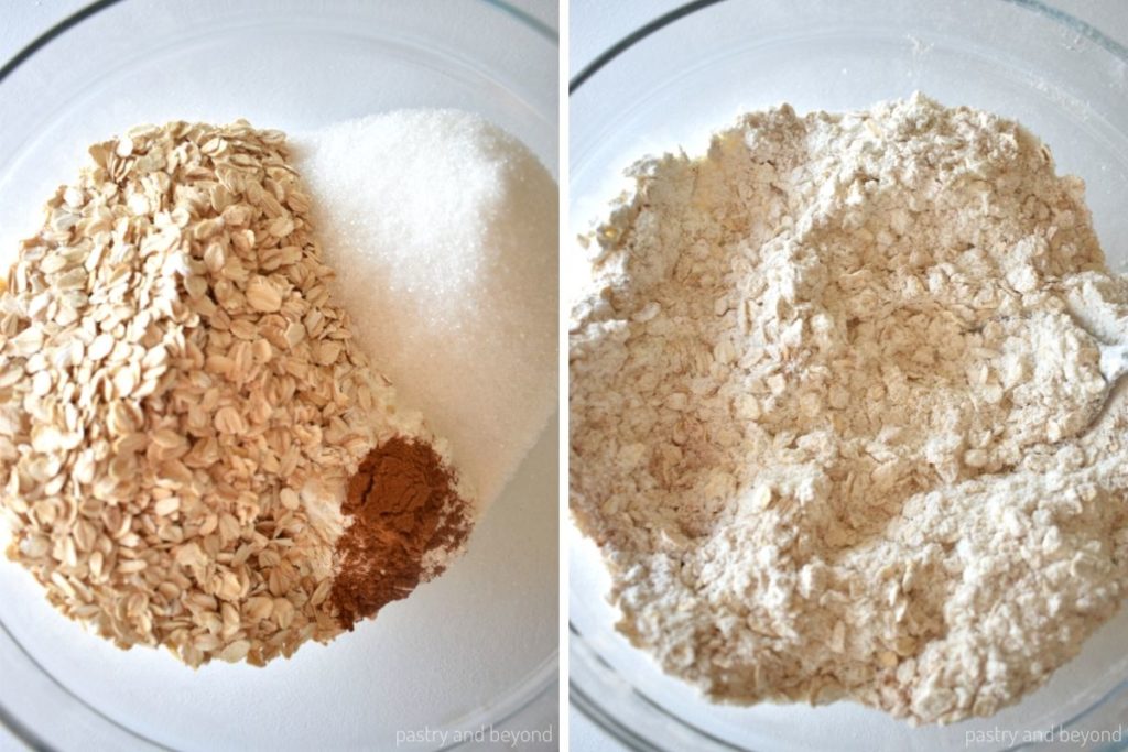 Collage of mixing oats, flour, cinnamon and flour.