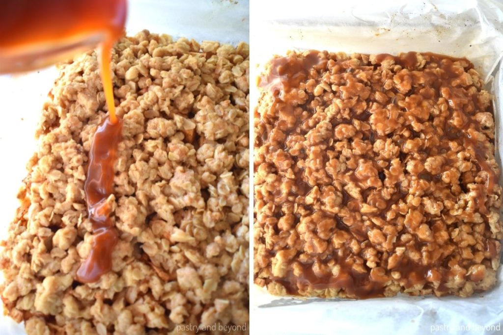 Collage of pouring the caramel sauce over the baked dish.