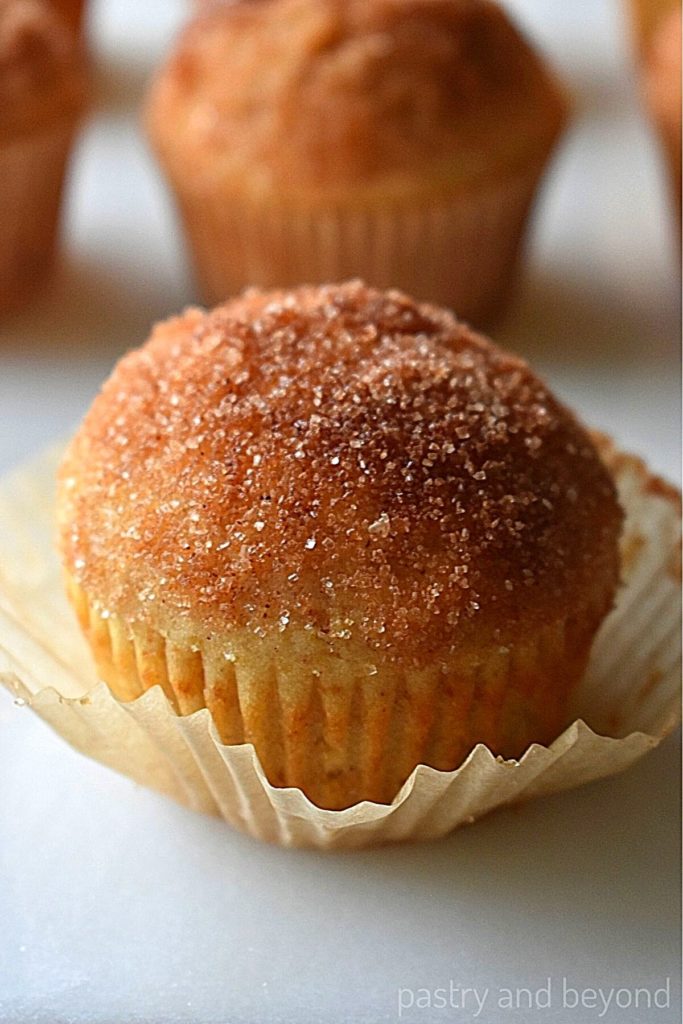 Cinnamon sugar muffins on a white surface.