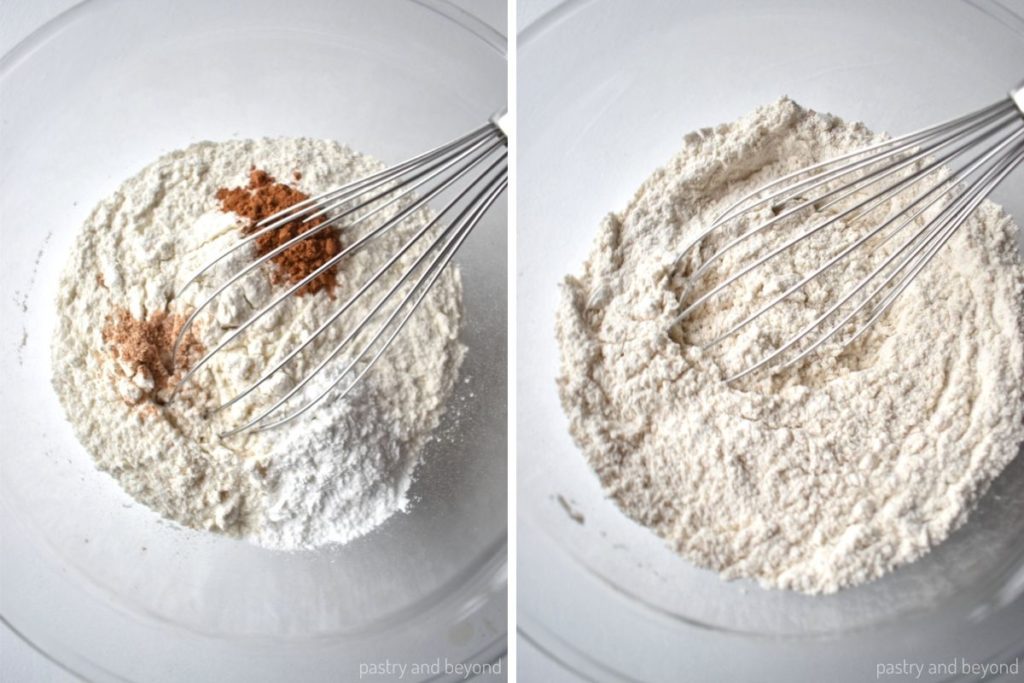 Collage of mixing cinnamon, nutmeg, baking powder and flour with a whisk.